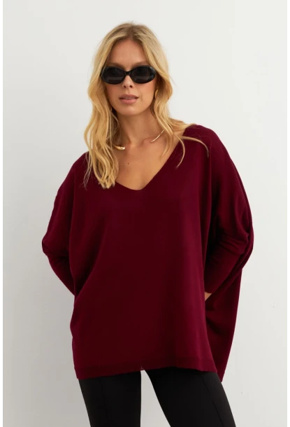 Kadın Bordo V Yaka Salaş Bluz YV304