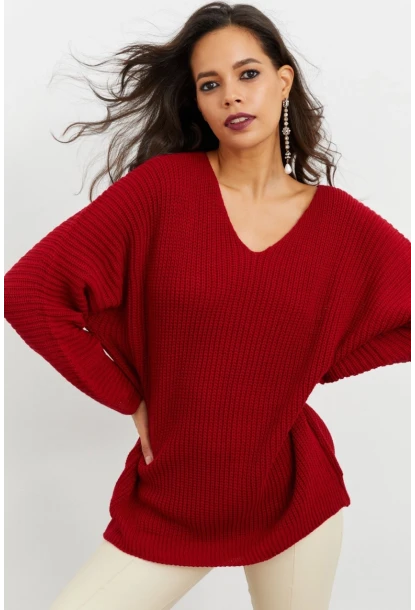 Kadın Bordo V Yaka Salaş Triko Tunik SMT158