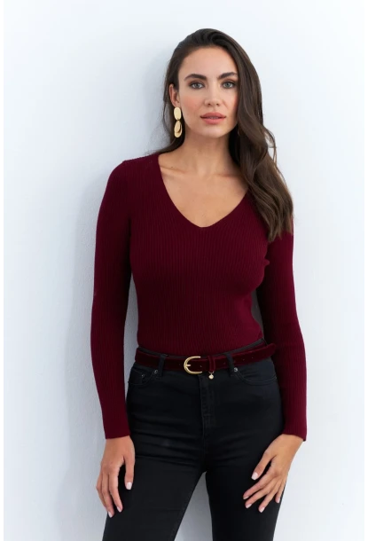 Kadın Bordo V Yaka Triko Bluz YV284