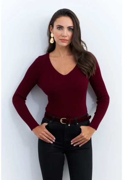Kadın Bordo V Yaka Triko Bluz YV284