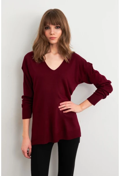 Kadın Bordo V Yaka Triko Kazak YİL549