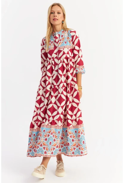 Kadın Bordo Volanlı Desenli Maxi Elbise MYLE14