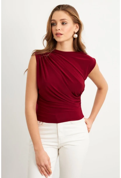 Kadın Bordo Yarım Balıkçı Desenli Bluz LPP1205