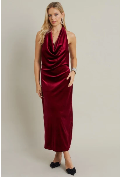 Kadın Bordo Yılbaşı Degaje Yaka Uzun Elbise GÇ197