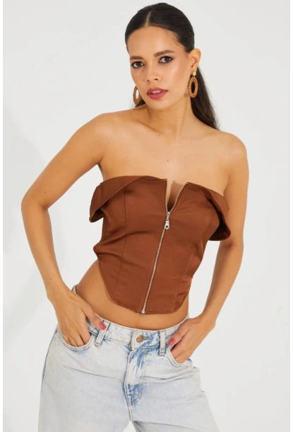 Kadın Bronz Fermuarlı Straplez Crop Bluz SF2502