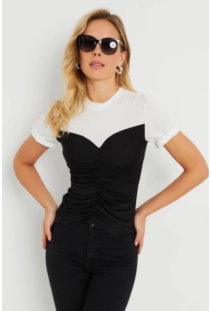 Kadın Büzgülü T-Shirt Bluz Siyah-Beyaz KS117