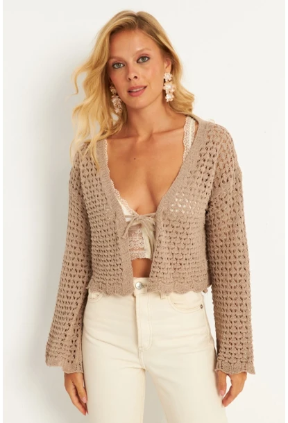 Kadın Camel Ajurlu Triko Hırka YV248