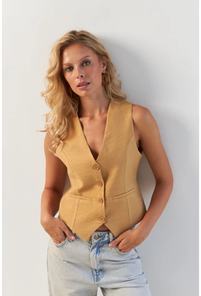 Kadın Camel Astarlı Keten Yelek TW60046-1
