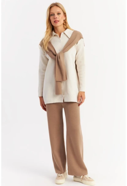 Kadın Camel Atkılı Triko Hırka Alt Üst Takım NUV20