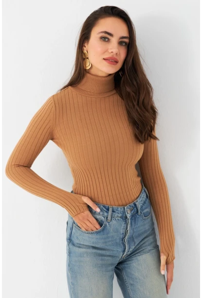 Kadın Camel Balıkçı Yaka Triko Bluz YV102-90