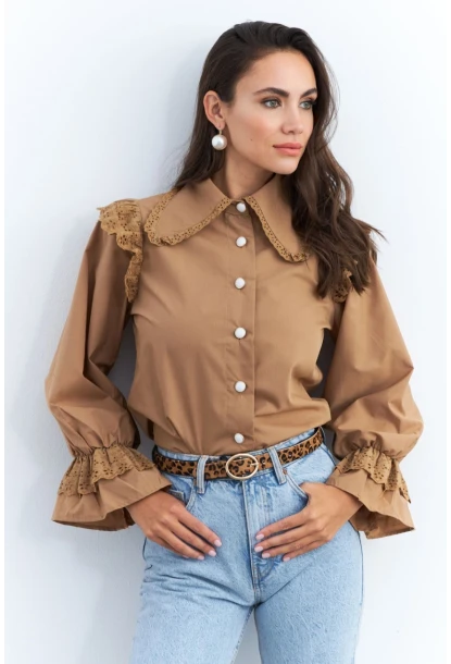 Kadın Camel Bebe Yaka Dantelli Gömlek MQS1839