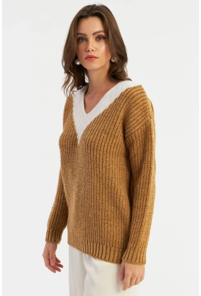 Kadın Camel-Beyaz V Yaka Triko Kazak SMT2434