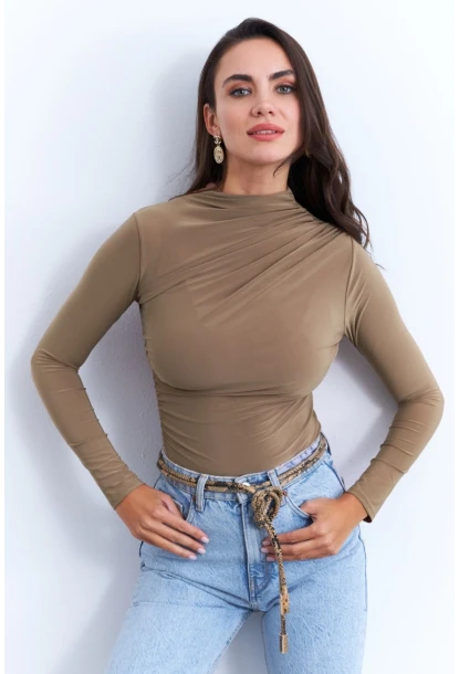 Kadın Camel Büzgülü Bluz LPP1279