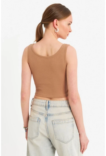 Kadın Camel Çıtçıtlı Crop Bluz YDF103