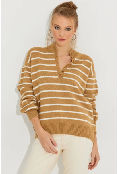 Kadın Camel Çizgili Triko Kazak SMT219