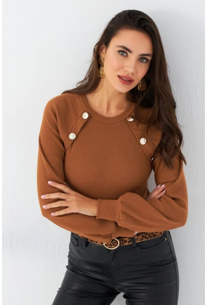 Kadın Camel Düğme Aksesuarlı Kaşkorse Bluz EY2946
