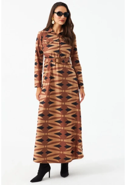 Kadın Camel Düğme Detaylı Kemerli Maxi Elbise MHAD101