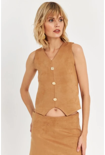 Kadın Camel Düğme Detaylı Süet Bluz KED7113