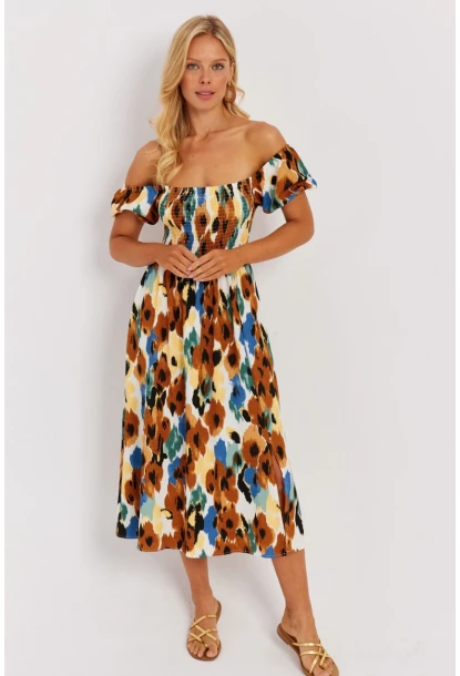 Kadın Camel Gipeli Desenli Midi Elbise MON126