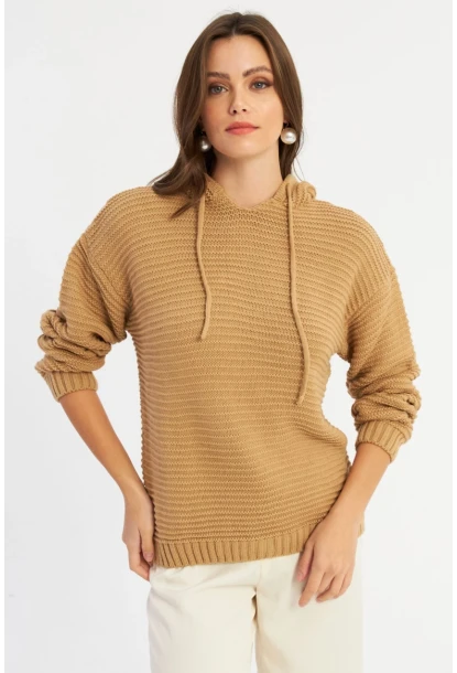 Kadın Camel Kapüşonlu Triko Bluz SMT2419