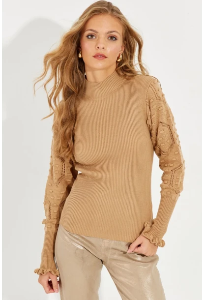 Kadın Camel Kolları Ajurlu Triko Bluz SMT218