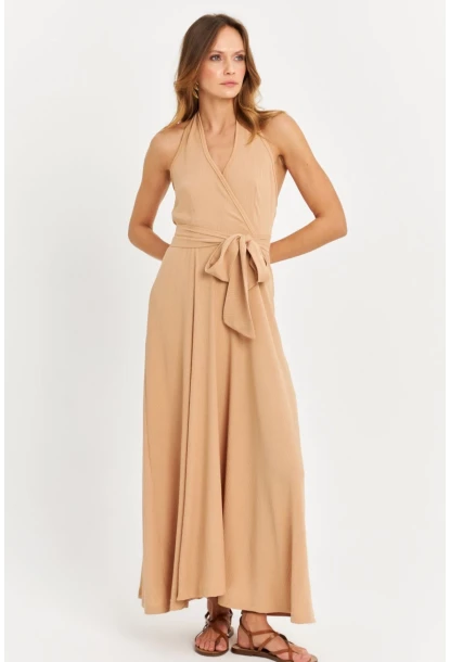Kadın Camel Kruvaze Bürümcük Maxi Elbise EY3053