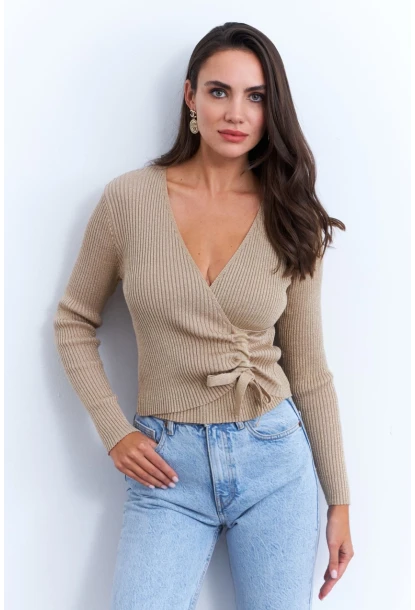 Kadın Camel Kruvaze Büzgülü Simli Bluz KED173