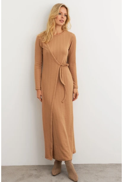 Kadın Camel Kruvaze Maxi Elbise MTF31