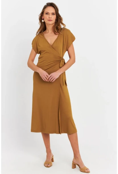 Kadın Camel Kruvaze Midi Elbise EY3044
