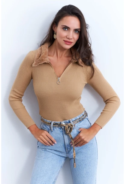 Kadın Camel Kürk Yaka Bluz ELA115