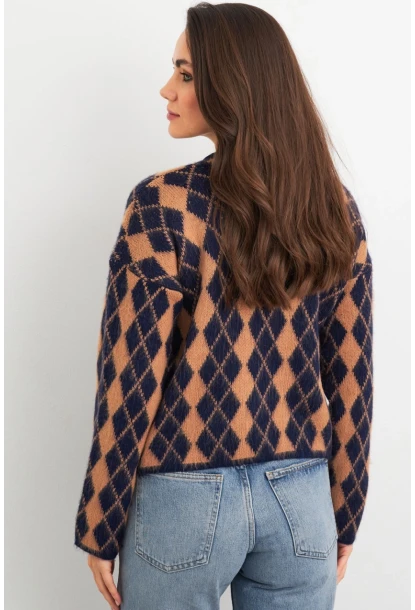 Kadın Camel-Lacivert Düğme Detaylı Hırka ELT12022