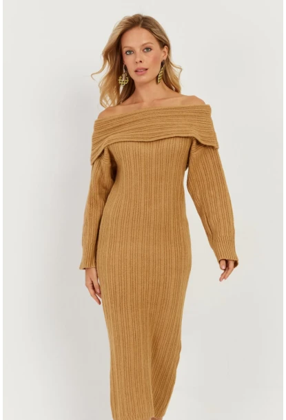 Kadın Camel Madonna Yaka Triko Midi Elbise KZ2503