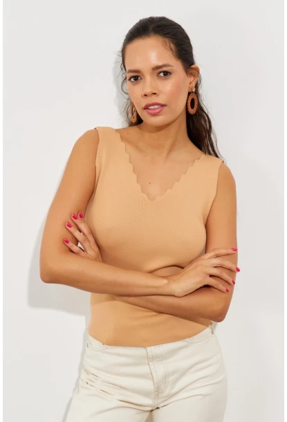 Kadın Camel Merdiven Yaka Triko Bluz YV83