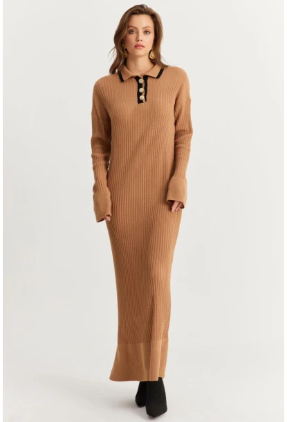 Kadın Camel Polo Yaka Triko Maxi Elbise MNUV17