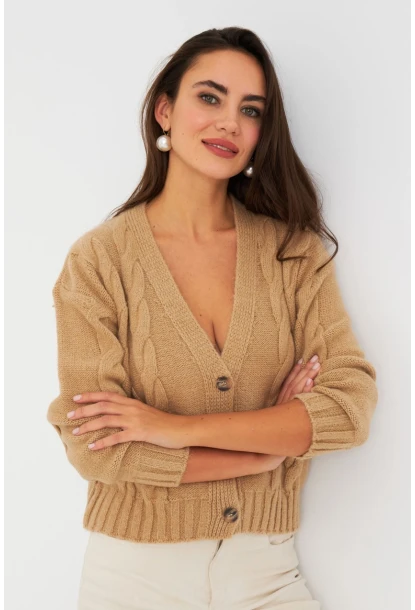 Kadın Camel Saç Örgülü Hırka YV295