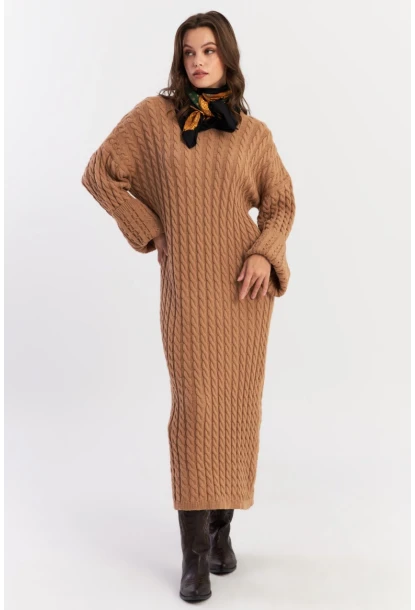 Kadın Camel Saç Örgülü Triko Midi Elbise KZ541