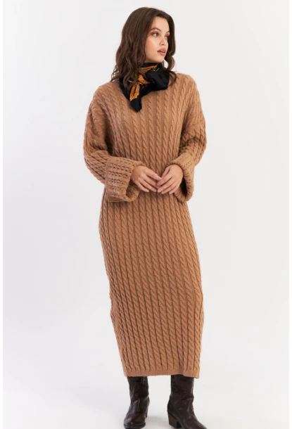 Kadın Camel Saç Örgülü Triko Midi Elbise KZ541