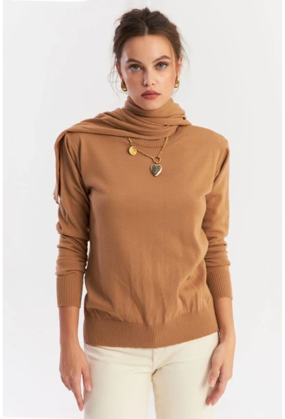 Kadın Camel Şal Aksesuarlı Triko Bluz YV286