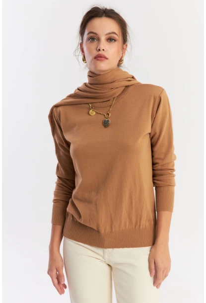 Kadın Camel Şal Aksesuarlı Triko Bluz YV286