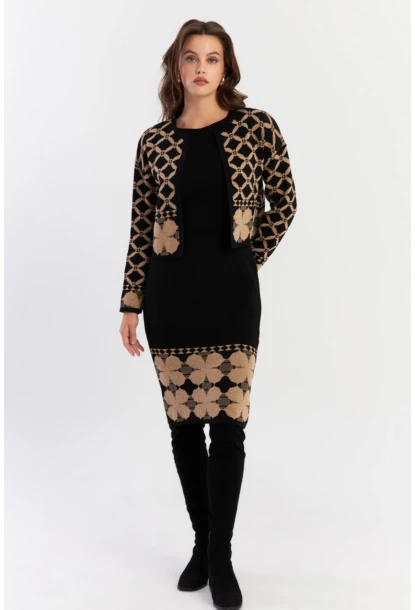 Kadın Camel-Siyah Alt Üst Triko Desenli Takım NUV2028