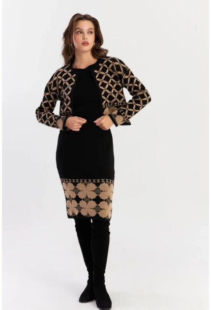 Kadın Camel-Siyah Alt Üst Triko Desenli Takım NUV2028