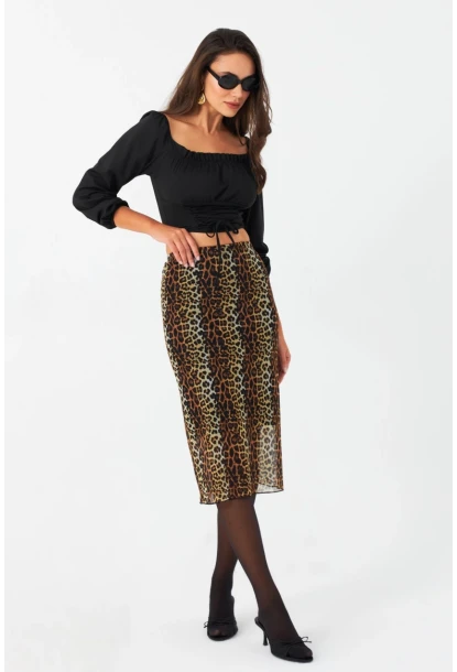 Kadın Camel-Siyah Astarlı Desenli Tül Etek CG391
