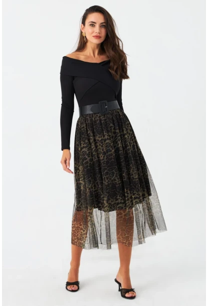 Kadın Camel-Siyah Astarlı Tül Leopar Etek SF2553