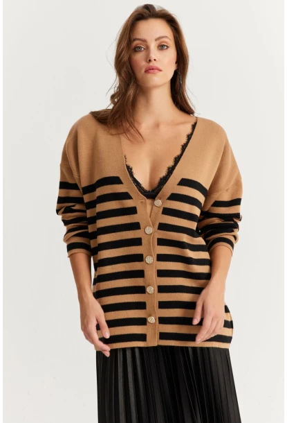 Kadın Camel-Siyah Çizgili Triko Hırka CNG3