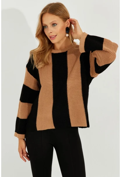 Kadın Camel-Siyah Çizgili Triko Kazak SF2507