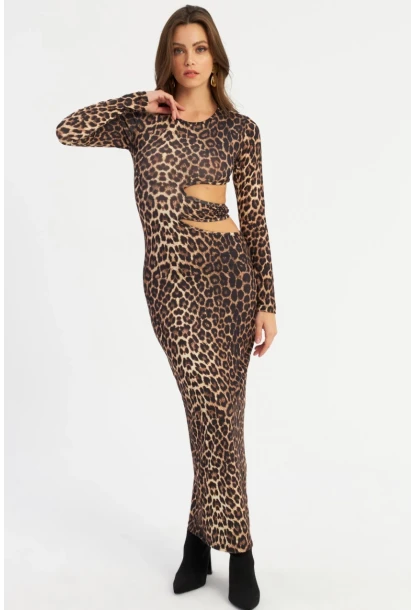Kadın Camel-Siyah Dekolteli Leopar Maxi Yılbaşı Elbise LİK9