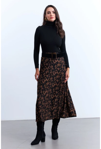 Kadın Camel-Siyah Desenli Çan Etek LON3007