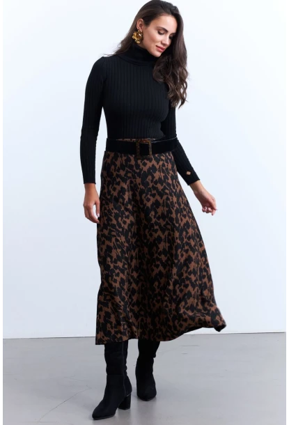 Kadın Camel-Siyah Desenli Çan Etek LON3007