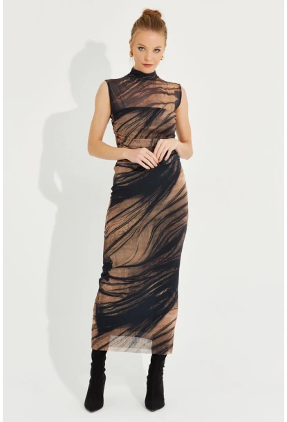 Kadın Camel-Siyah Desenli Maxi Tül Elbise RMZ21181