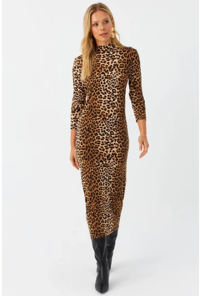 Kadın Camel-Siyah Desenli Midi Elbise MLPP400